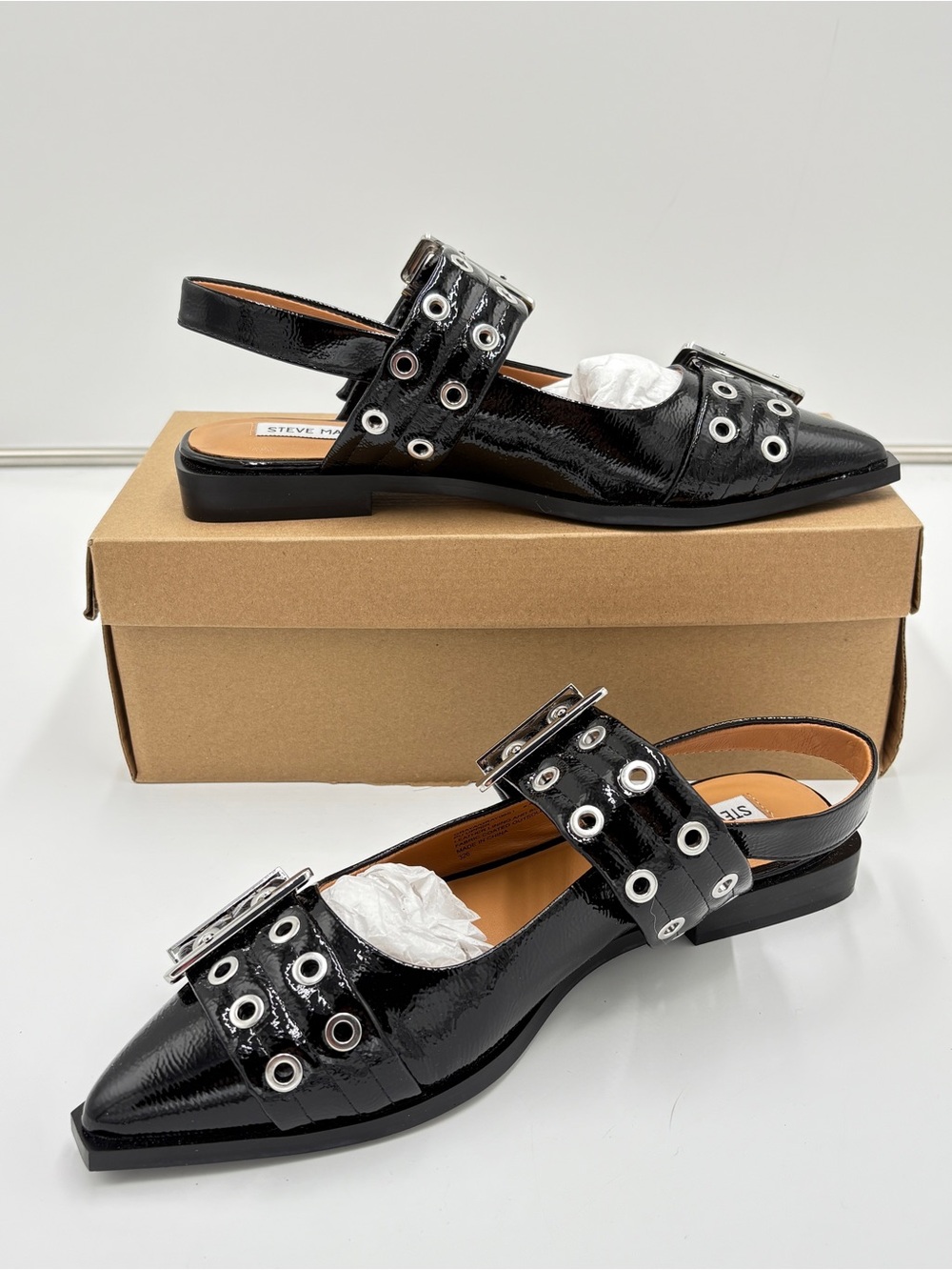 NEW Steve Madden Graya Slingback Flats Alternative Grunge Black Patent Size 8.5